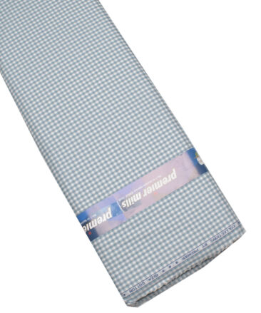 Premier Mills Men's  Giza Cotton Checks  Unstitched Shirting Fabric (White & Greyish Blue)