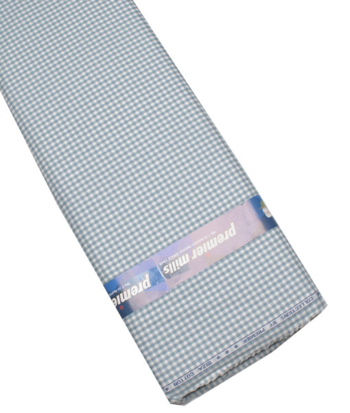 Premier Mills Men's  Giza Cotton Checks  Unstitched Shirting Fabric (White & Greyish Blue)