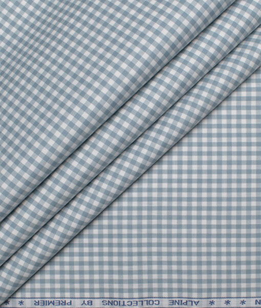 Premier Mills Men's  Giza Cotton Checks  Unstitched Shirting Fabric (White & Greyish Blue)