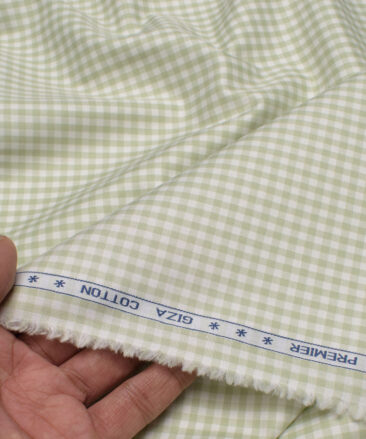 Premier Mills Men's  Giza Cotton Checks  Unstitched Shirting Fabric (White & Green)