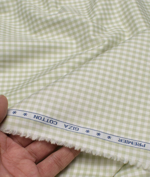 Premier Mills Men's  Giza Cotton Checks  Unstitched Shirting Fabric (White & Green)