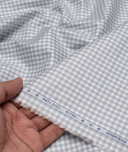 Premier Mills Men's  Giza Cotton Checks  Unstitched Shirting Fabric (White & Grey)