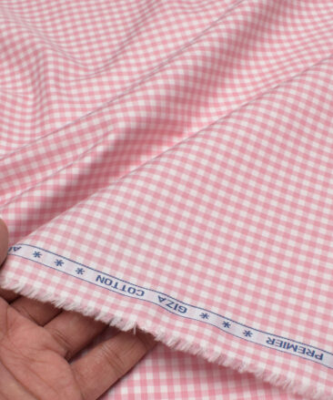 Premier Mills Men's  Giza Cotton Checks  Unstitched Shirting Fabric (White & Pink)