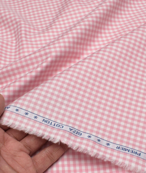 Premier Mills Men's  Giza Cotton Checks  Unstitched Shirting Fabric (White & Pink)