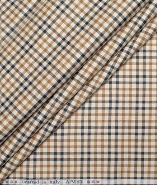 Arvind Men's  Superfine Cotton Checks  Unstitched Shirting Fabric (Beige & Brown)