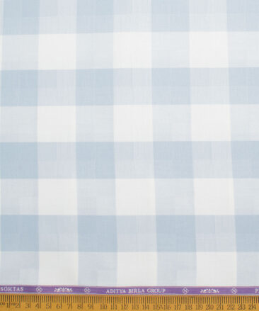 Soktas Men's 80's Giza Cotton Checks  Unstitched Shirting Fabric (White & Sky Blue)