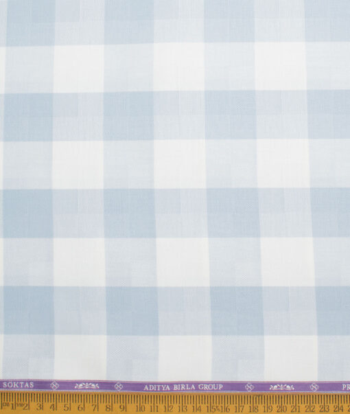 Soktas Men's 80's Giza Cotton Checks  Unstitched Shirting Fabric (White & Sky Blue)