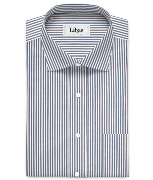 Soktas Men's 80's Giza Cotton Striped  Unstitched Shirting Fabric (White & Dark Blue)