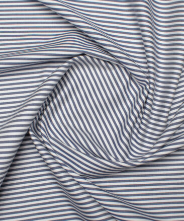 Soktas Men's 80's Giza Cotton Striped  Unstitched Shirting Fabric (White & Dark Blue)