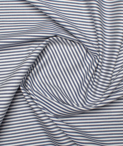 Soktas Men's 80's Giza Cotton Striped  Unstitched Shirting Fabric (White & Dark Blue)