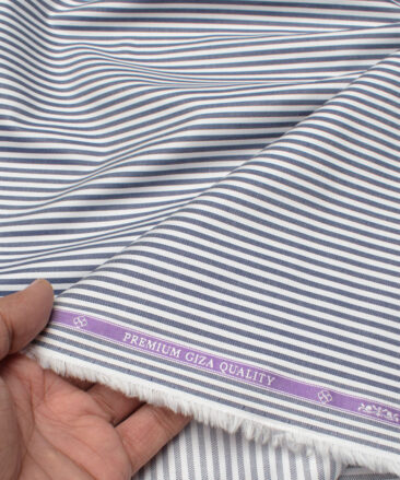 Soktas Men's 80's Giza Cotton Striped  Unstitched Shirting Fabric (White & Dark Blue)