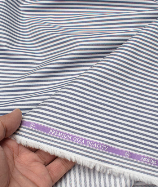 Soktas Men's 80's Giza Cotton Striped  Unstitched Shirting Fabric (White & Dark Blue)