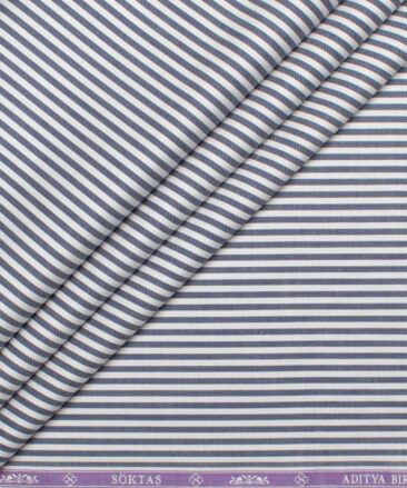 Soktas Men's 80's Giza Cotton Striped  Unstitched Shirting Fabric (White & Dark Blue)