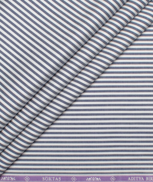 Soktas Men's 80's Giza Cotton Striped  Unstitched Shirting Fabric (White & Dark Blue)